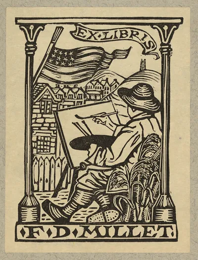 Ex libris F D Millet bookplate with painter at easel