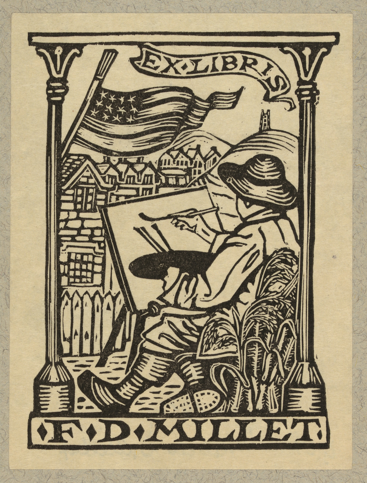 Ex libris F D Millet bookplate with painter at easel — historic image