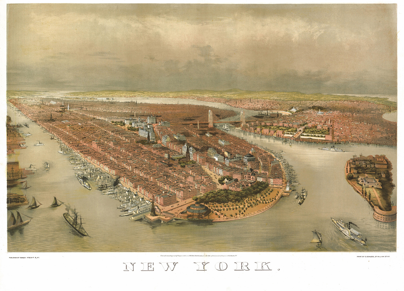 New York bird's-eye view of city and harbor — antique map