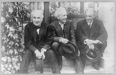 [Thomas Alva Edison, 1847-1931, three-quarter length portrait, seated with Henry Ford (right) and Luther Burbank (center)]