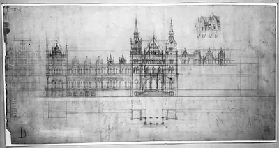 [Library of Congress (National Library") Washington D.C. Front elevation Judiciary Square site plan and perspective