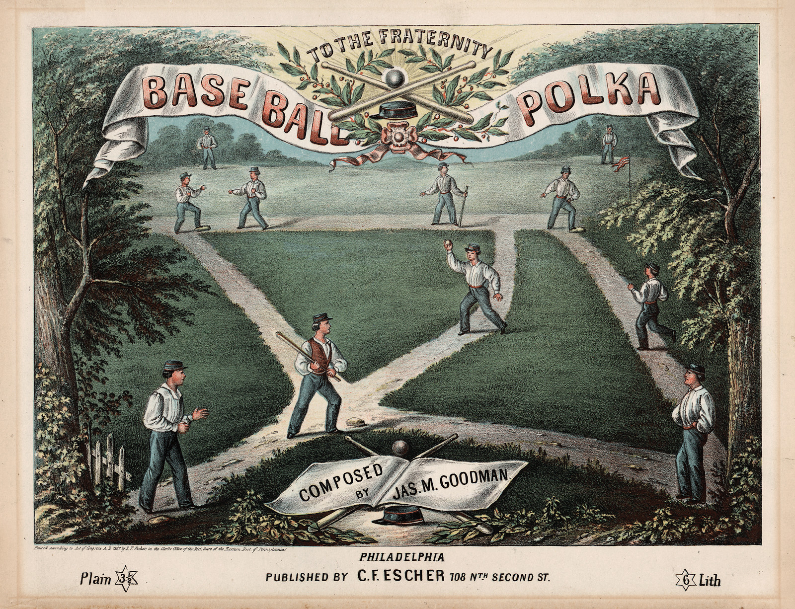 Base Ball Polka sheet music cover, Philadelphia lithograph — antique lithograph