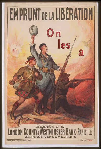 Emprunt de la Libération war loan poster, London County Westminster Bank
