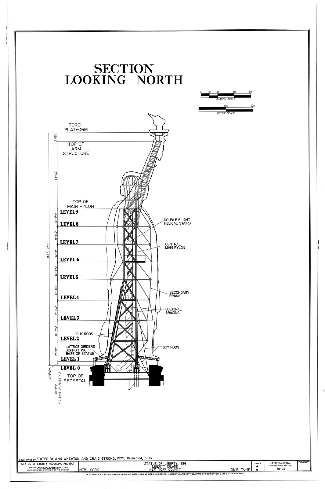 Section Looking North: Statue of Liberty engineering drawing — historic drawing