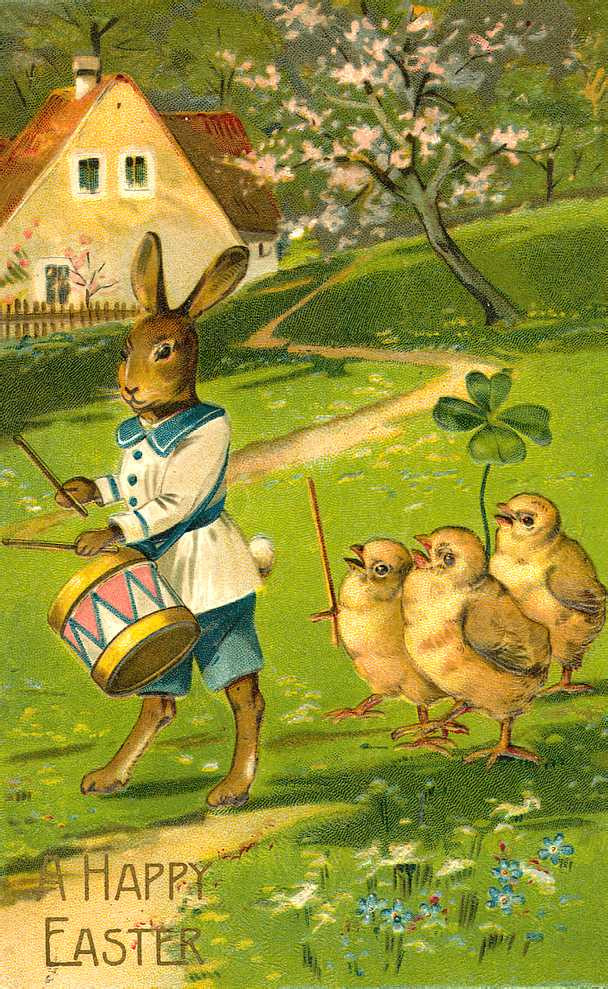 A Happy Easter: rabbit drummer with chicks, vintage postcard — vintage postcard