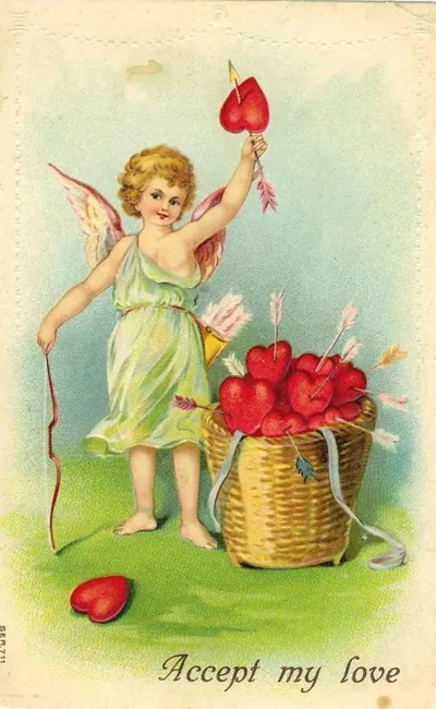 Cherub with hearts and arrows, Accept my love Valentine card
