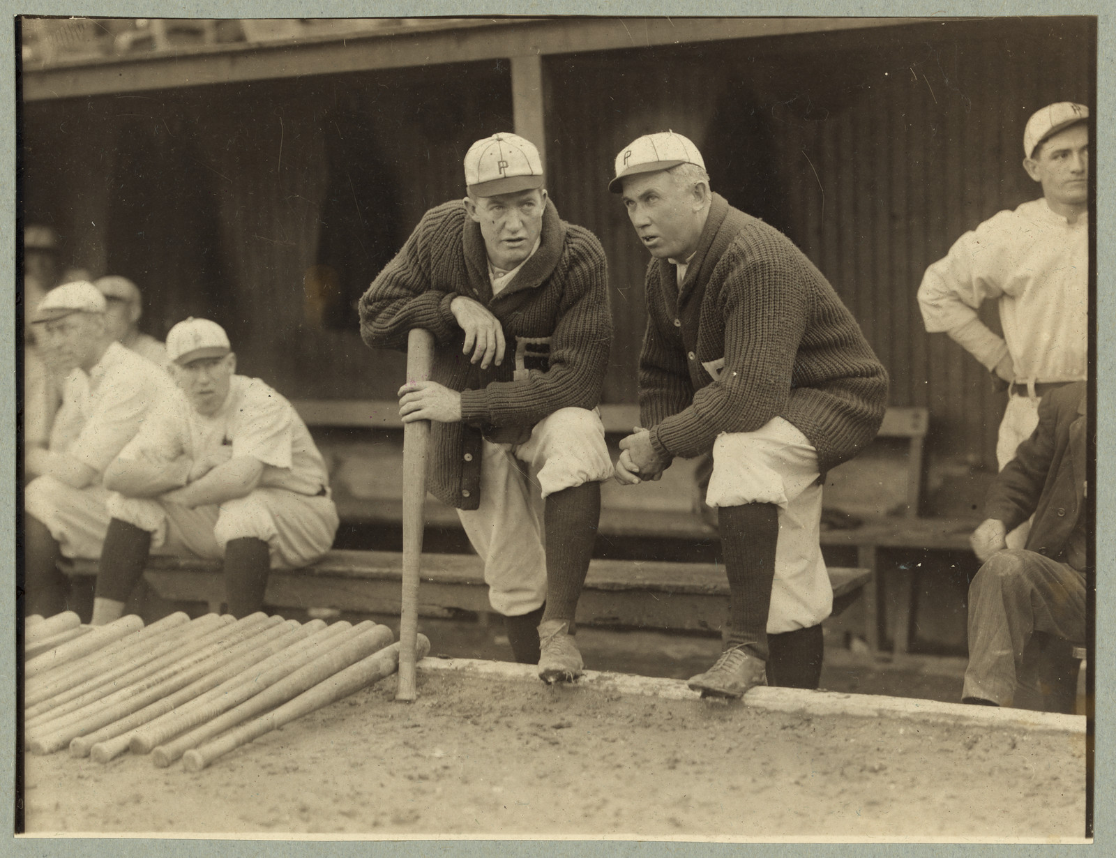 [Grover Cleveland Alexander & manager Pat Moran; in background are Joe Oeschger, Possum Whitted, & Milt Stock, Philadelphia NL (baseball)], [1915] — historic photograph