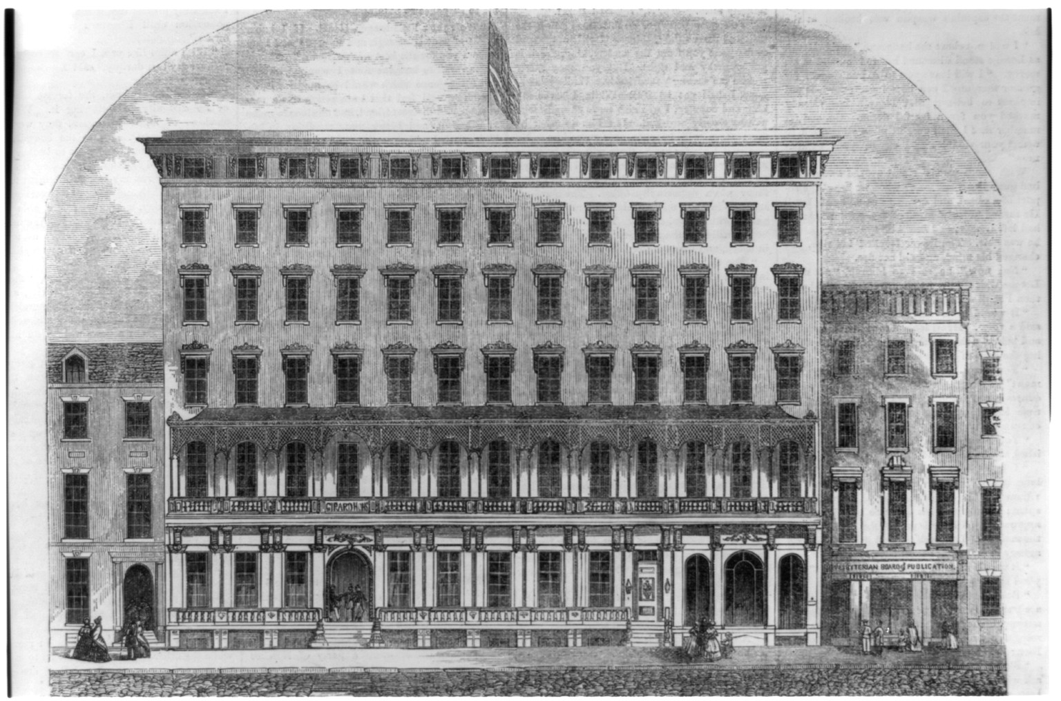 View of the Girard House, Philadelphia, 1852 — antique engraving
