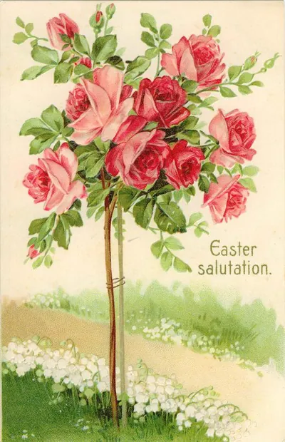 Easter salutation card with pink roses and lily of the valley