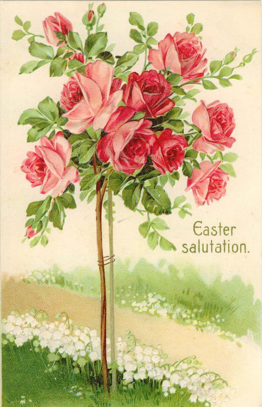 Easter salutation card with pink roses and lily of the valley — historic image