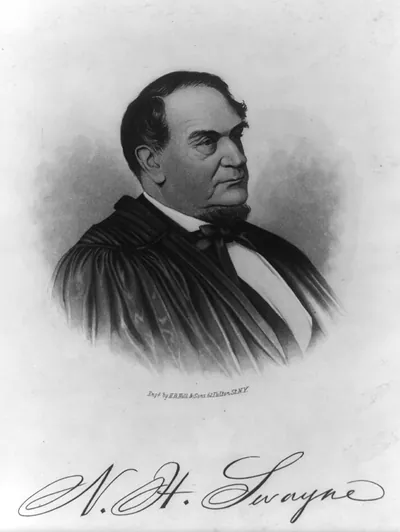 Engraved portrait of N. H. Swayne, man in judicial robes