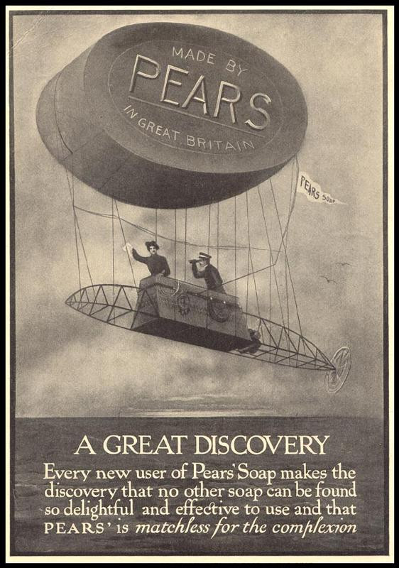 Pears Soap advertisement: A Great Discovery, balloon airship — historic image