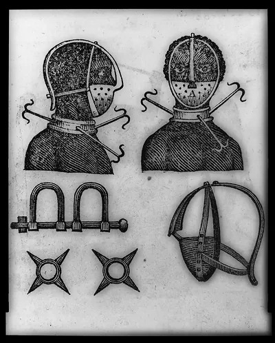 [Iron mask, collar, leg shackles and spurs used to restrict slaves]