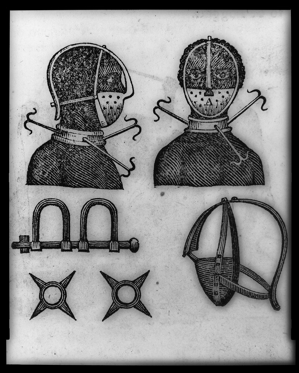 [Iron mask, collar, leg shackles and spurs used to restrict slaves], New York : Samuel Wood, 1807. — historic print