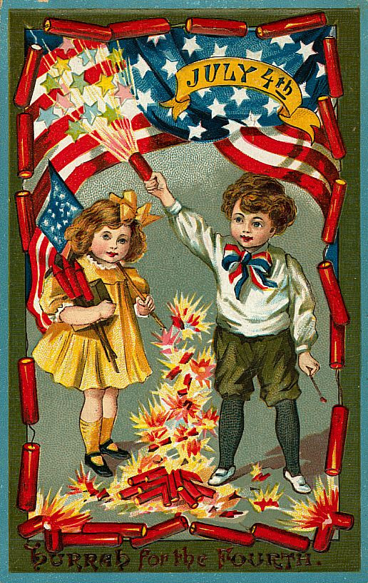 Children with firecrackers, July 4th greeting card — historic image