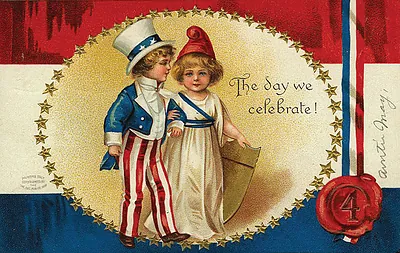 The day we celebrate! Patriotic postcard with children in Uncle Sam and Columbia costumes