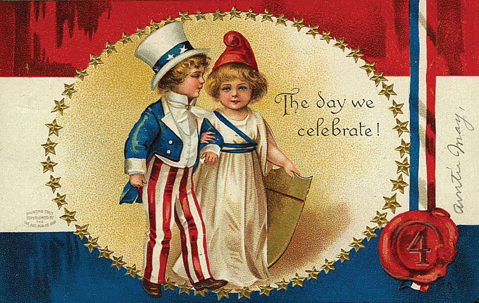 The day we celebrate! Patriotic postcard with children in Uncle Sam and Columbia costumes — vintage postcard