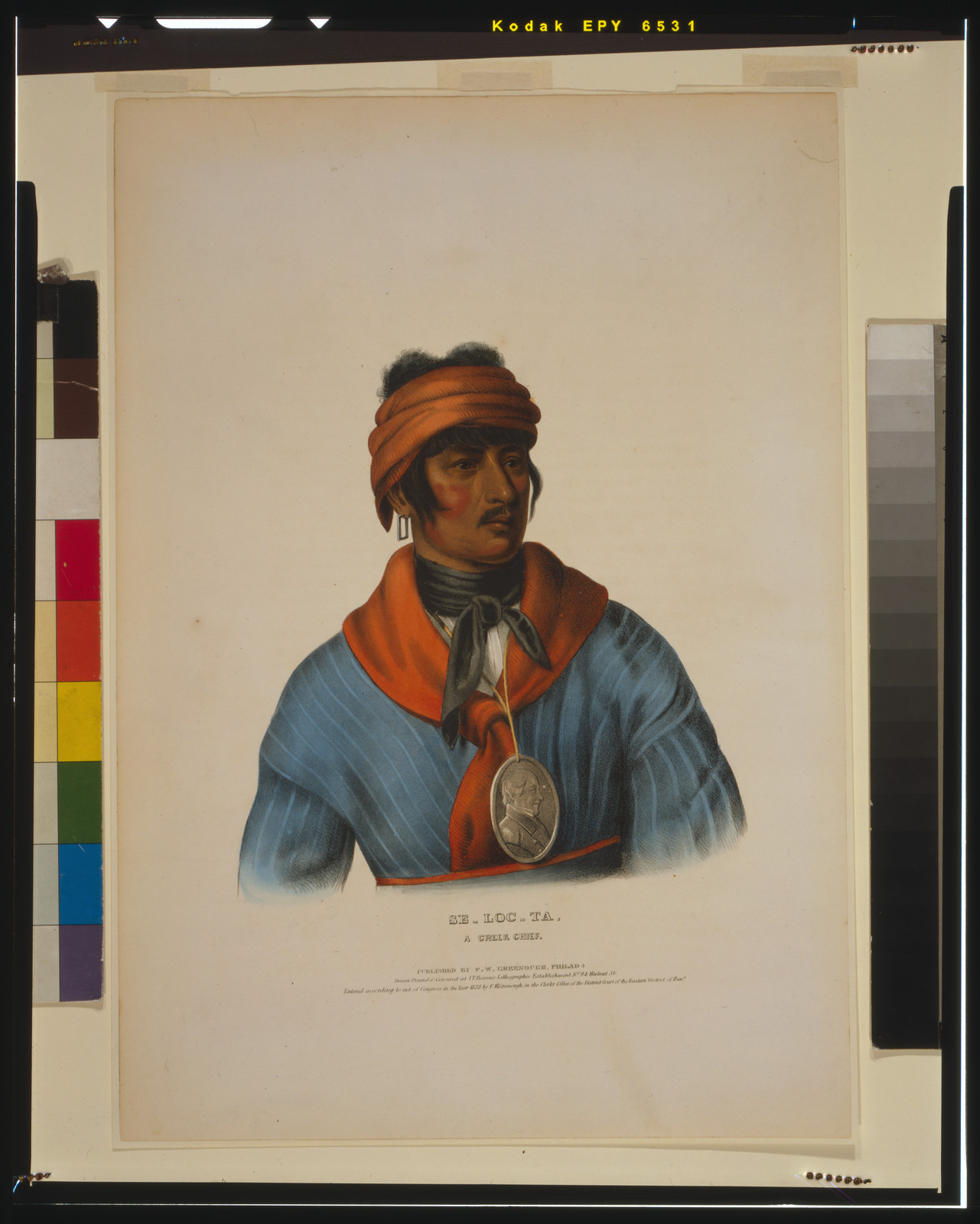 Se-loc-ta, a Creek chief / drawn, printed & coloured at I.T. Bowen's lithographic establishment, No. 94 Walnut St., c1836. — antique lithograph
