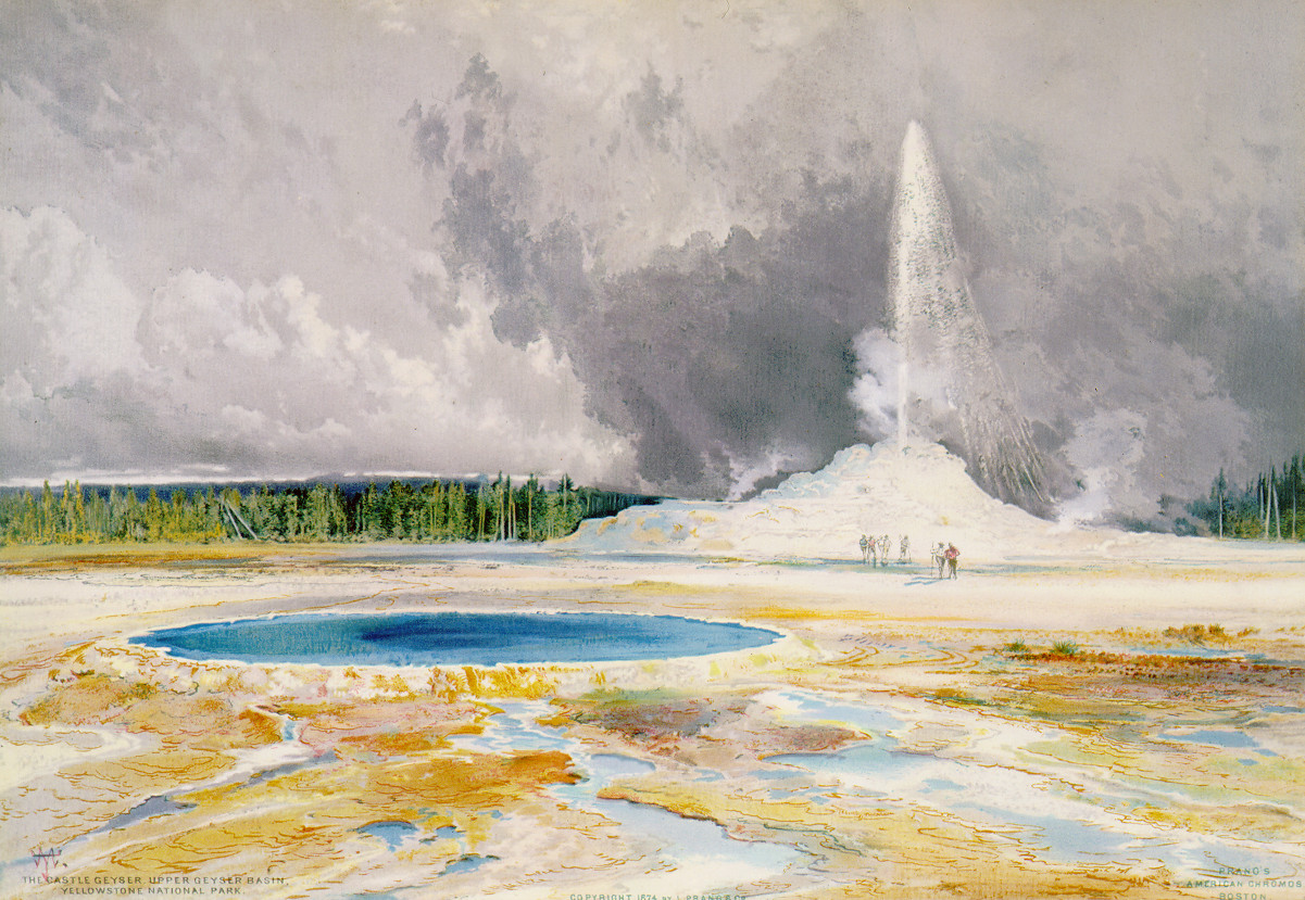 The Castle Geyser, Upper Geyser Basin, Yellowstone National Park, c1874. — antique lithograph