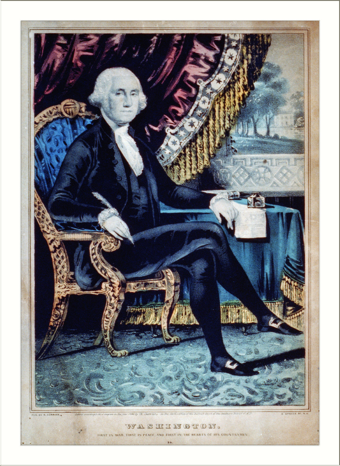Washington: first in war, first in peace, and first in the hearts of his countrymen, New York : Published by N. Currier, c1846. — antique lithograph