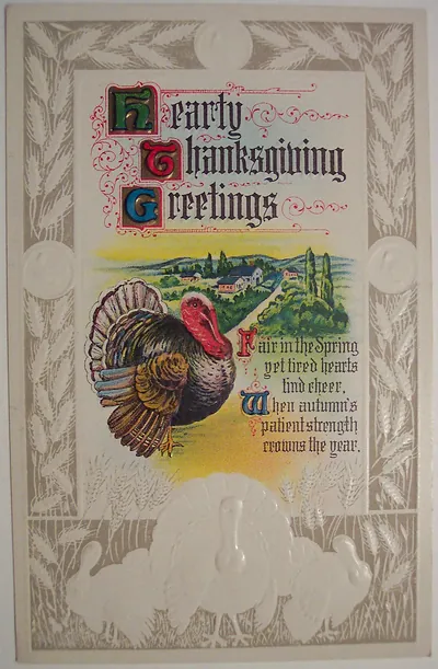 Hearty Thanksgiving Greetings embossed postcard with turkey
