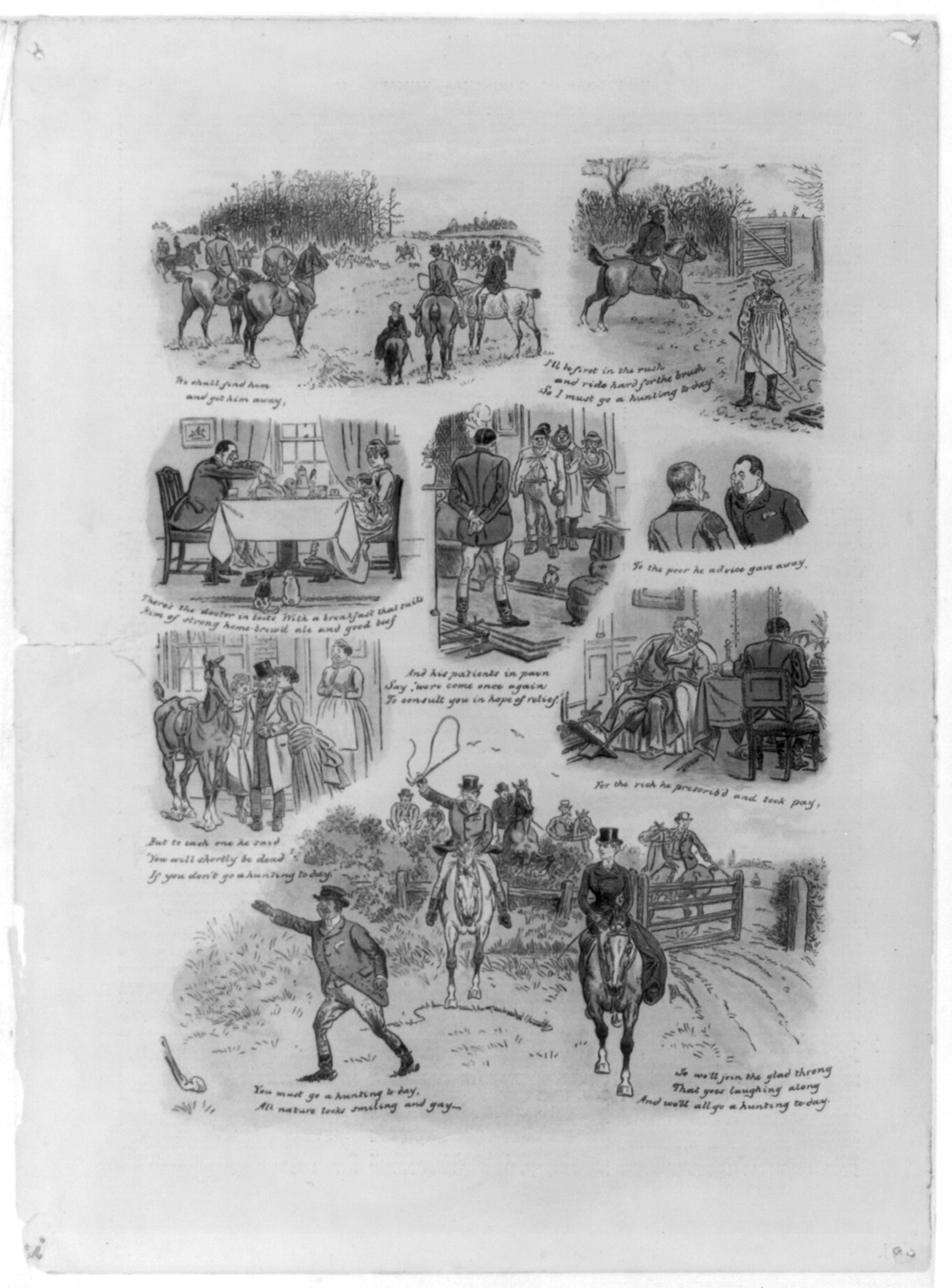 [Illustrated humorous poem about the importance of fox hunting in British social life: doctor making house calls before hunting] — historic print