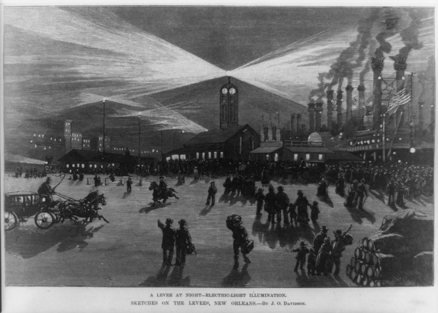 A levee at night - electric light illumination. Sketches on the levee, New Orleans / by J. O. Davidson ., 1883 March 3. — antique engraving