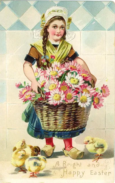 Vintage Easter postcard: girl with daisy basket and chicks