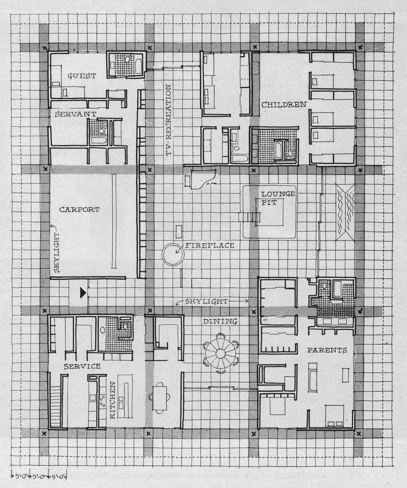 Floor plan of the Miller House with labeled rooms — historic image