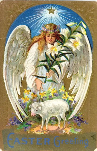 Easter Greeting postcard with angel and lamb