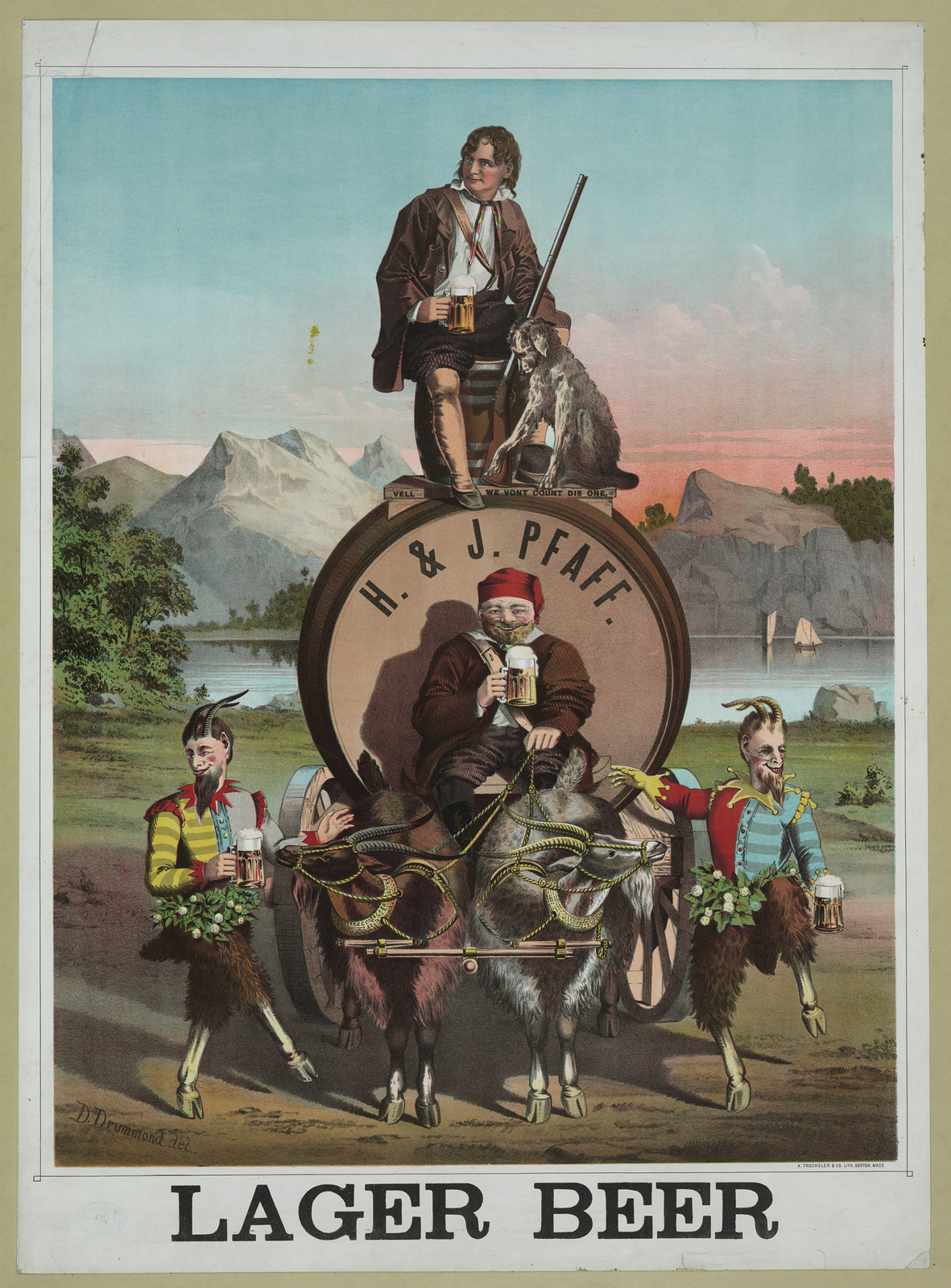 Lager Beer poster with H. & J. Pfaff barrel — vintage poster