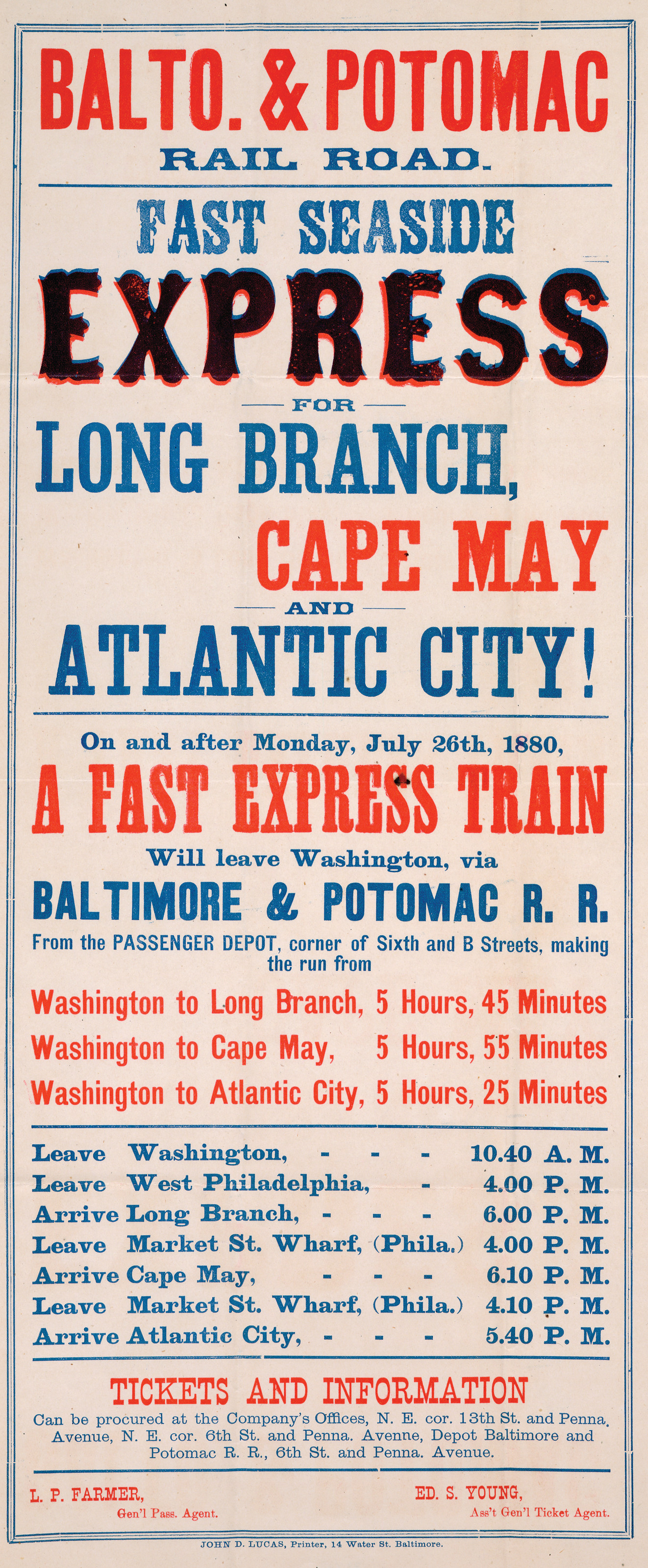 Baltimore and Potomac Railroad fast seaside express poster — vintage poster