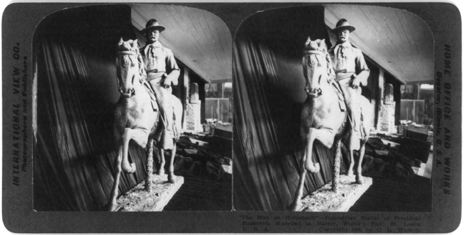 The man on horseback" - equestrian statue of President Roosevelt modelled in butter St. Louis", c1905. — stereograph