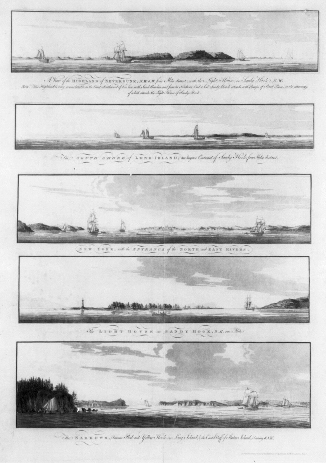 [Views of the coastline of New York, Long Island, Staten Island, and the lighthouse on Sandy Hook, New Jersey], [London] : Publish'd according to Act of Parliament by J.F.W. DesBarres Esqr., 1777 Octr. 4. — historic print