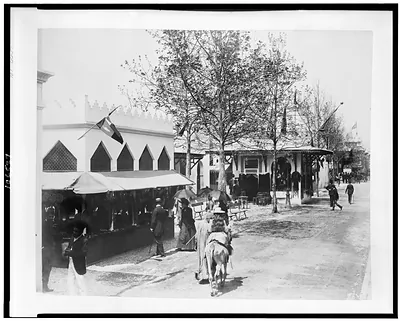 Antique City View - World's Fairs - Girl riding donkey in front, 1889