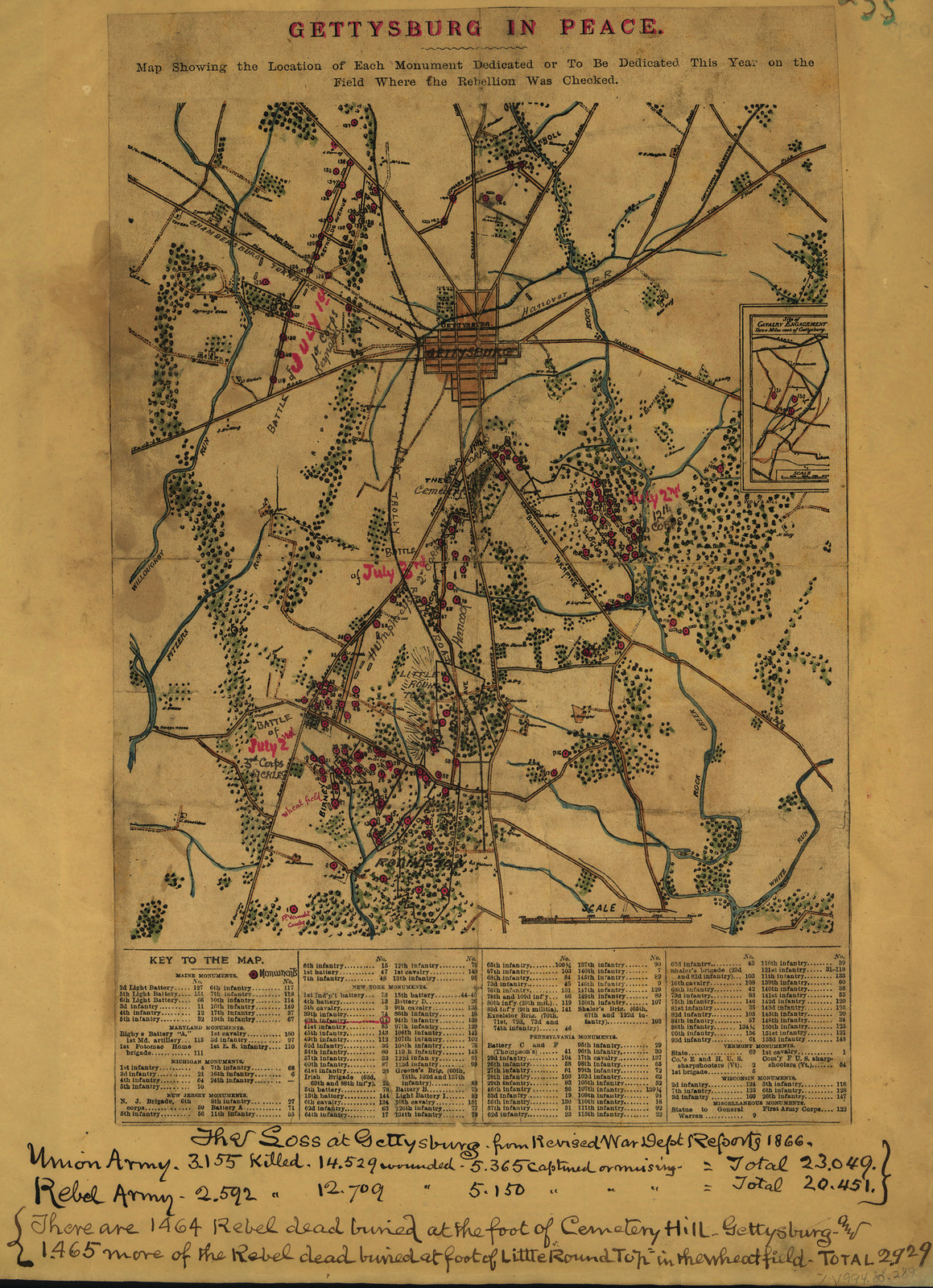 Gettysburg in Peace: map showing monument locations, 1863 — antique map