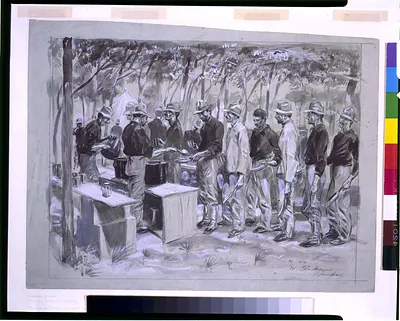 Soldiers queuing for meals at outdoor camp kitchen