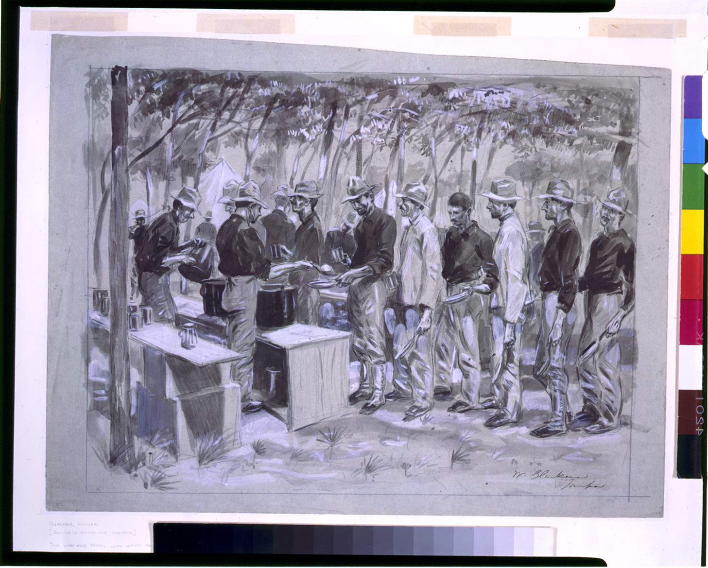 Soldiers queuing for meals at outdoor camp kitchen — historic image