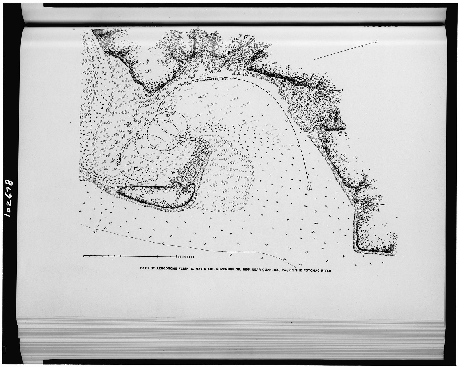 Path of aerodrome flights, May 6 and November 28, 1896, near Quantico, Va., on the Potomac River, [published 1911] — historic print