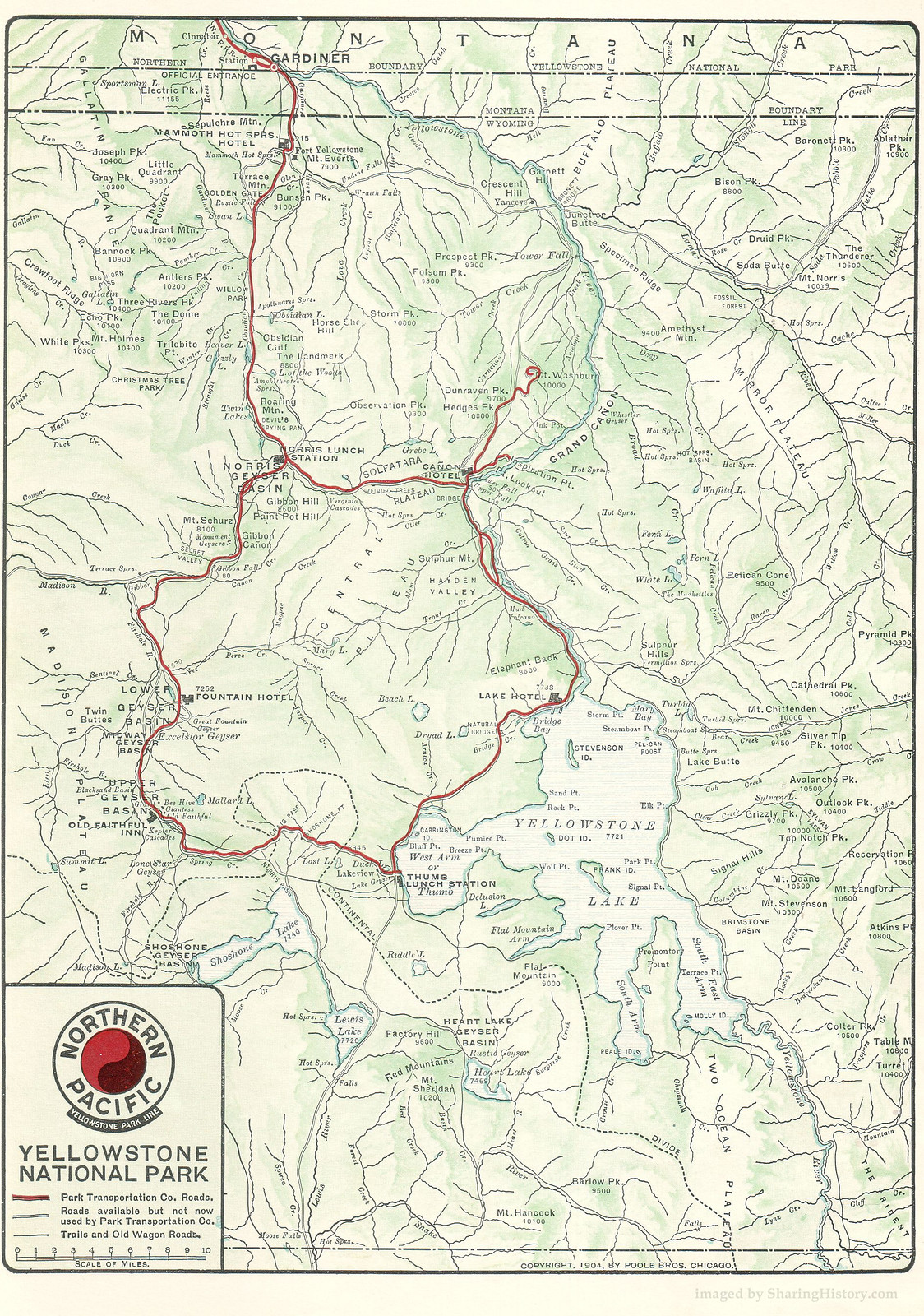 Northern Pacific map of Yellowstone National Park, 1904 — antique map