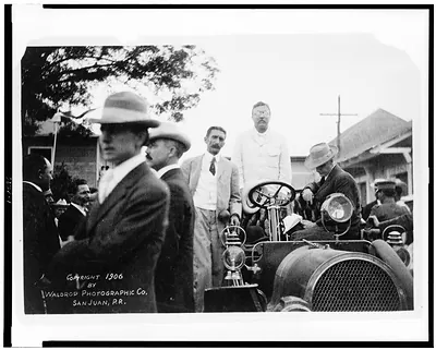 [President Theodore Roosevelt, standing in automobile, at Rio Piedras, Puerto Rico]