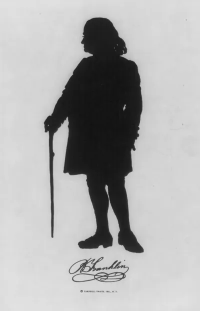 [Benjamin Franklin, 1706-1790, silhouette, full length, with cane, facing left]