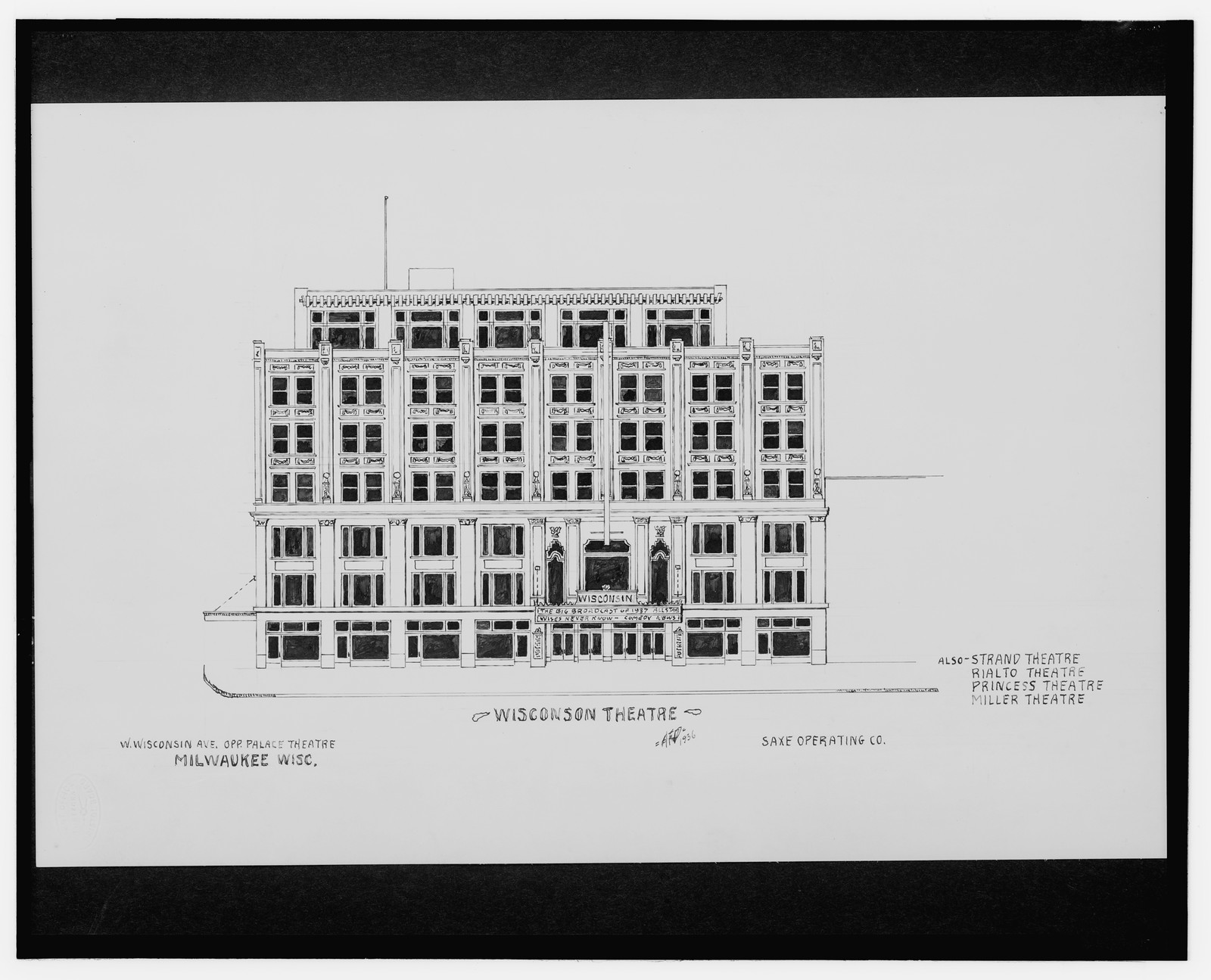 [Wisconsin Theatre, West Wisconsin Ave. opposite Palace Theatre, Milwaukee, Wisconsin] / AFD 1936., And Engineering (ADE) Drawings — vintage poster