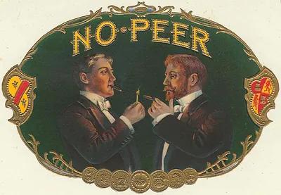 Cigar label reading NO PEER with two men lighting cigars