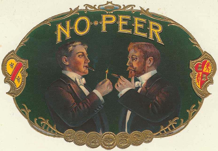 Cigar label reading NO PEER with two men lighting cigars — historic image