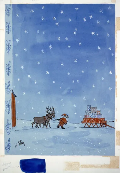 [Santa Claus with 2 reindeer walking toward sleigh loaded with gifts]