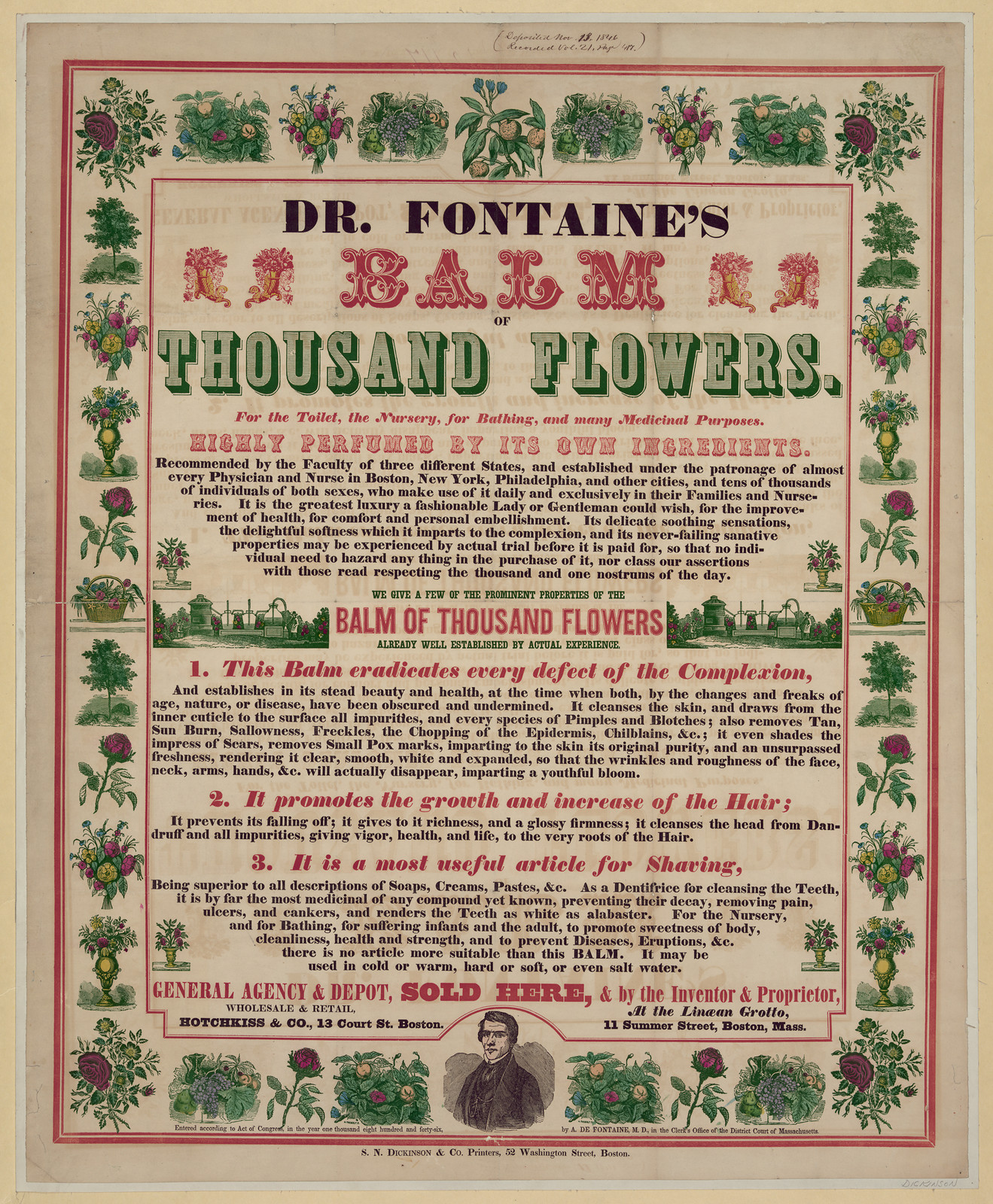 Dr. Fontaine's Balm of Thousand Flowers advertising broadside — historic image