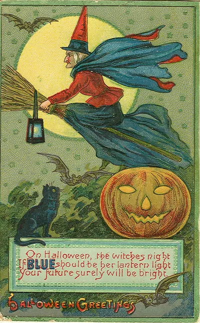 Halloween Greetings postcard with witch, jack-o'-lantern and black cat