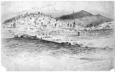 The battle of Gettysburg. View of Little Round Top and the Devil's Den, held by the Fifth Corps