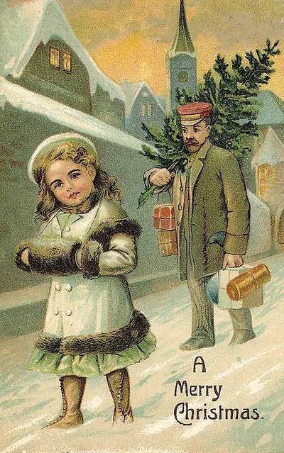 A Merry Christmas postcard: girl and man with tree